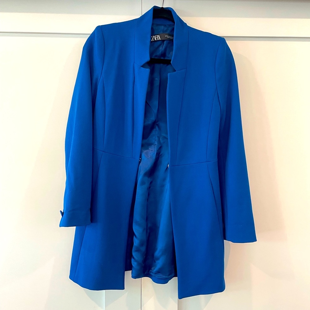 ZARA: Royal Blue Inverted Lapel Long Blazer. Size XS.